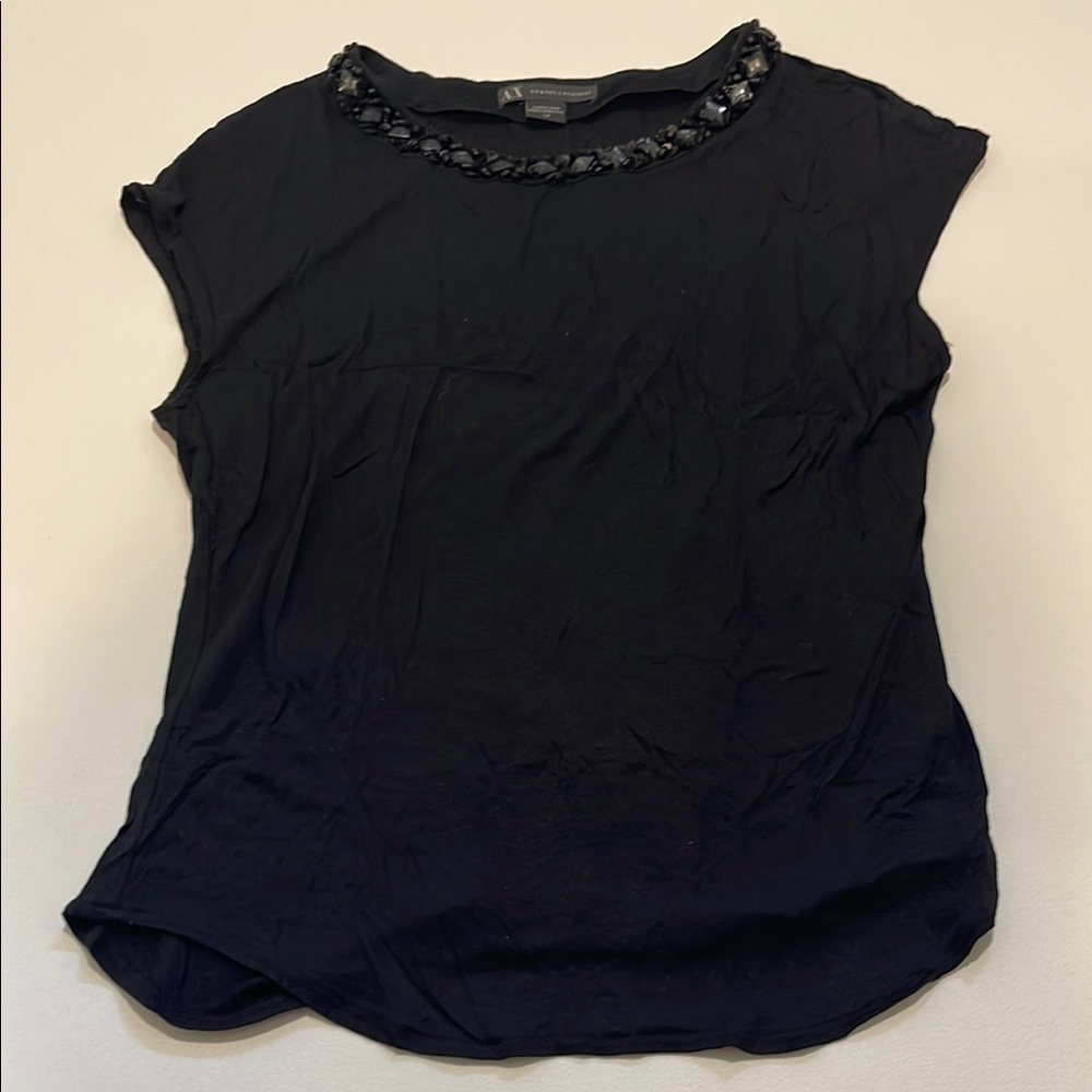 Armani Exchange Black Cap Sleeve Embellished Blouse